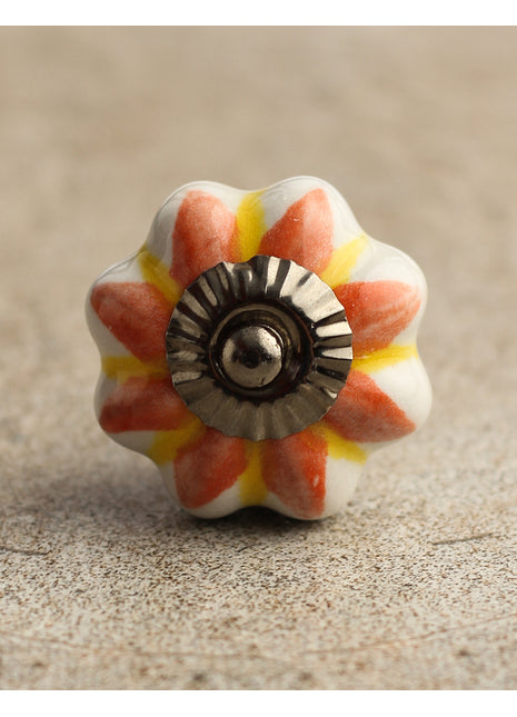 White Handpainted Ceramic Door Knob With Red And Yellow Flower