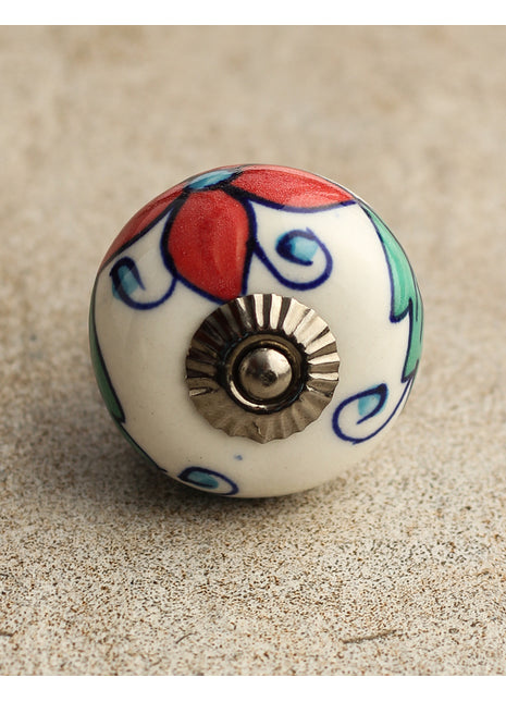 White Ceramic Designer Knob With Red, Turquoise And Blue Floral Design