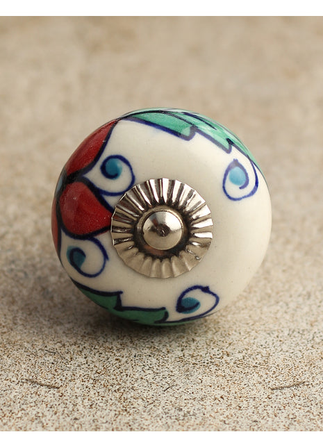 White Ceramic Designer Knob With Red, Turquoise And Blue Floral Design
