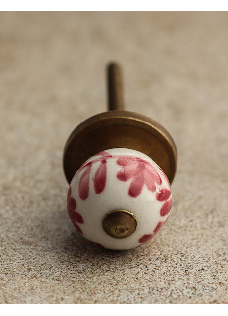 White Ceramic Kitchen Cabinet Knob with Maroon Flowers