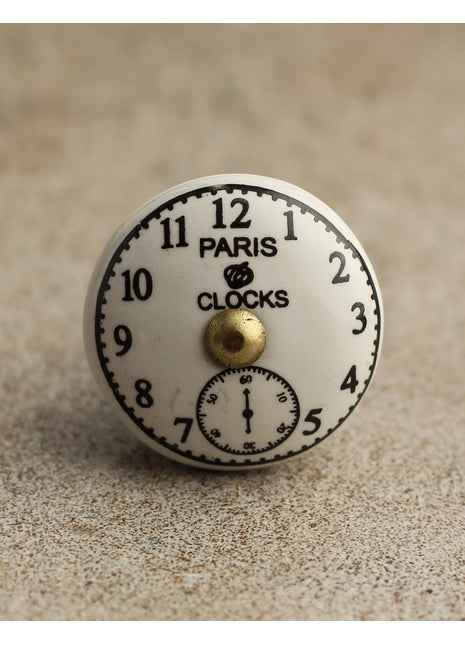 Black Clock on a White Ceramic Cabinet Knob