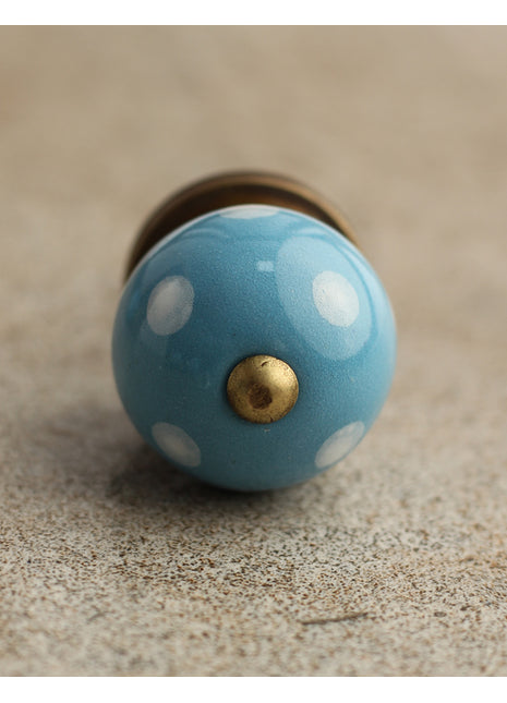 Turquoise Cabinet Knob With White Polka Dots