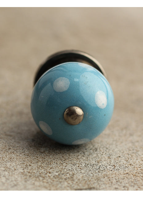 Turquoise Cabinet Knob With White Polka Dots