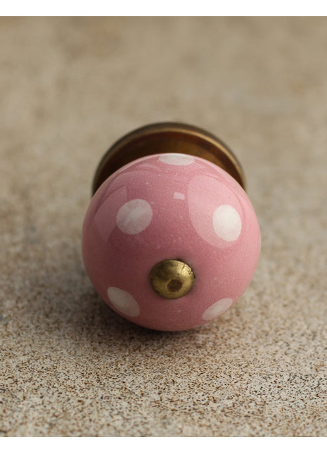 Designer Round Pink Cabinet Knob With White Polka Dots