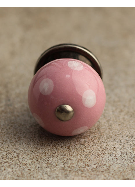 Designer Round Pink Cabinet Knob With White Polka Dots