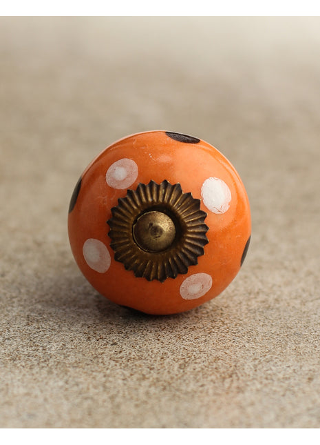 Round Orange Cabinet Knob With White And Brown Polka Dots