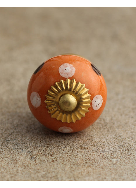 Round Orange Cabinet Knob With White And Brown Polka Dots