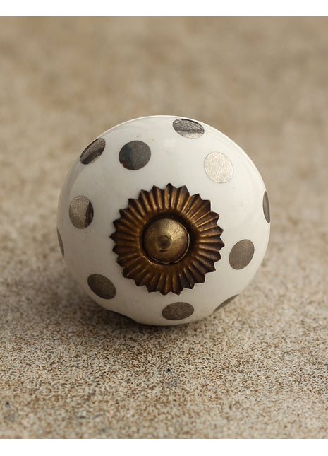 White Round Ceramic Kitchen Cabinet Knob With Silver Polka Dots