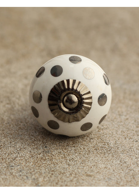 White Round Ceramic Kitchen Cabinet Knob With Silver Polka Dots
