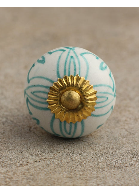 Stylish White Ceramic Door Knob With Turquoise Print