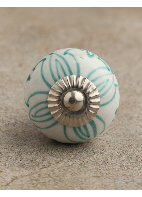 Stylish White Ceramic Door Knob With Turquoise Print