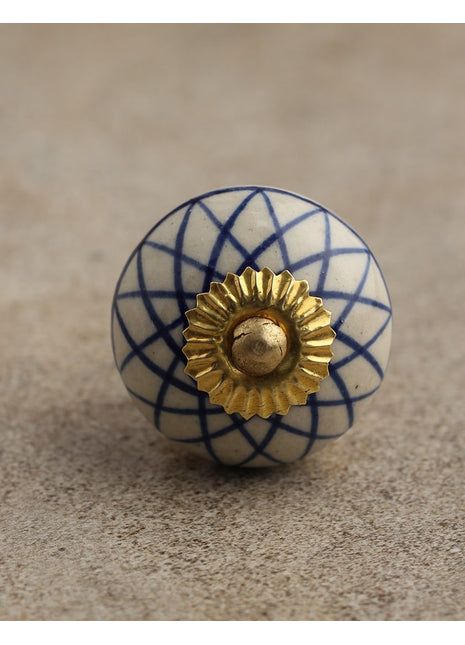 Geometric Blue Pattern On White Ceramic Dresser Knob