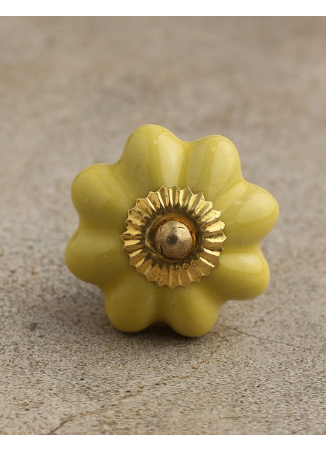 Solid Yellow Handmade Flower Shape Ceramic Cabinet Knob