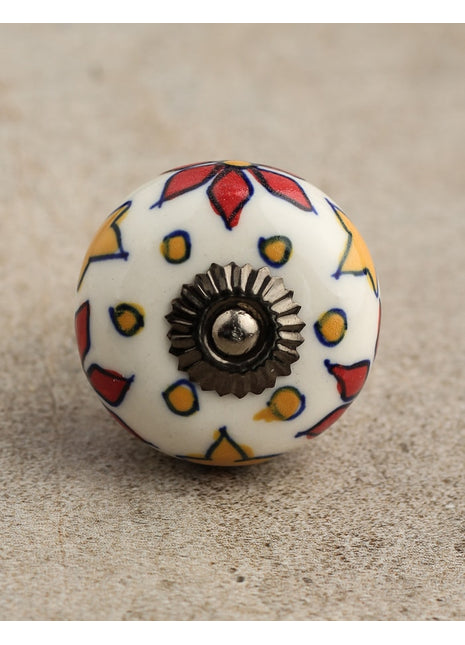 Stylish White Round Ceramic Dresser Knob With Multicolor Print