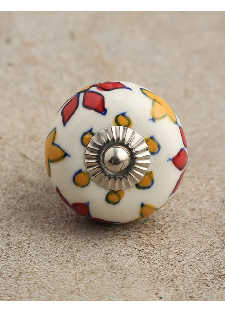 Stylish White Round Ceramic Dresser Knob With Multicolor Print