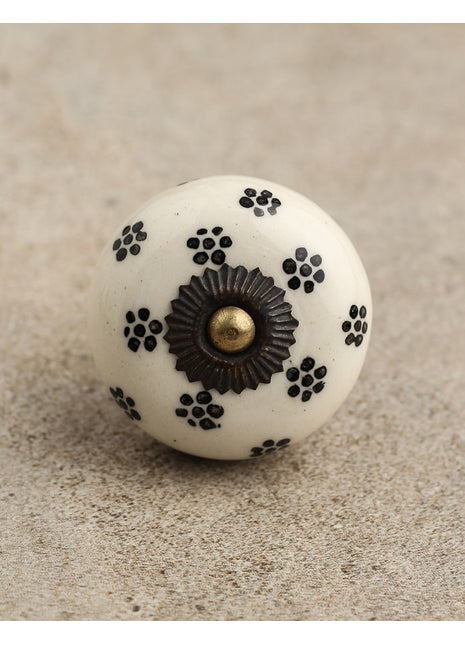 Unique White Royal Ceramic Cabinet Knob With Small Black Flowers