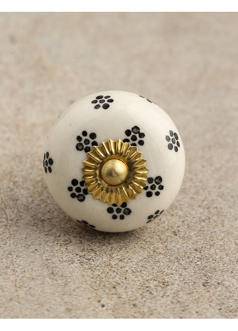 Unique White Royal Ceramic Cabinet Knob With Small Black Flowers
