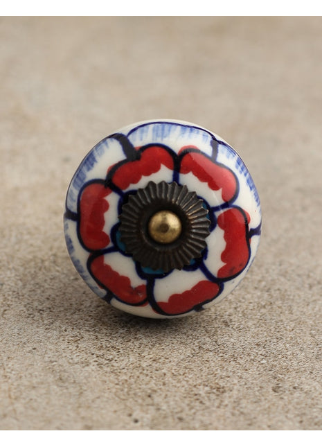 White Base Cabinet Knob With Red And Blue Floral Design