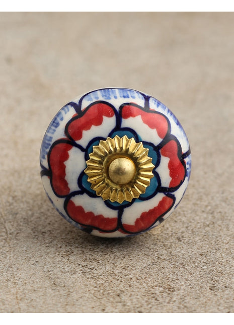 White Base Cabinet Knob With Red And Blue Floral Design