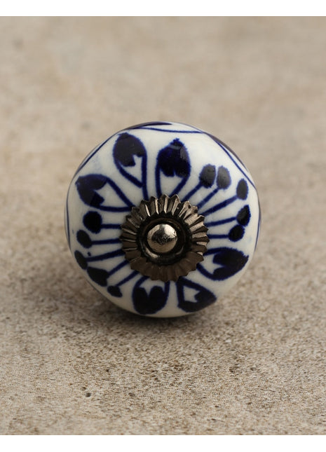 Designer White Ceramic Knob With Handpainted Blue Flower