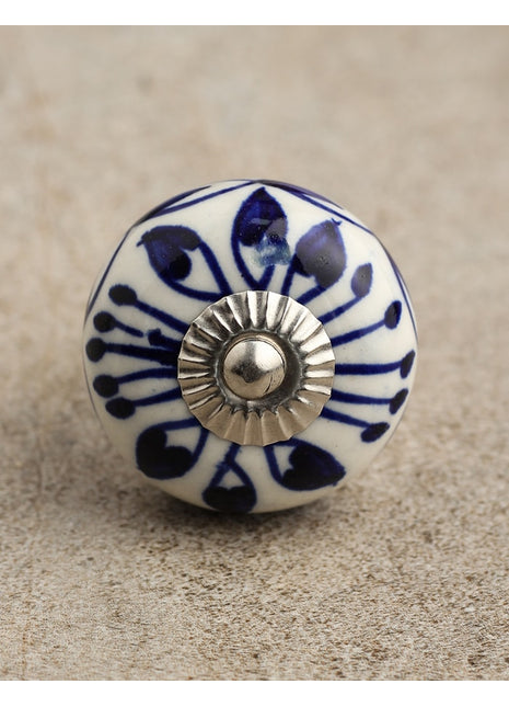 Designer White Ceramic Knob With Handpainted Blue Flower