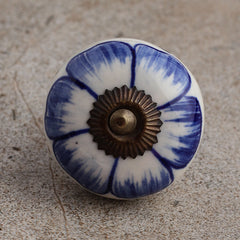 Designer White Ceramic Drawer Cabinet Knob With Blue flower