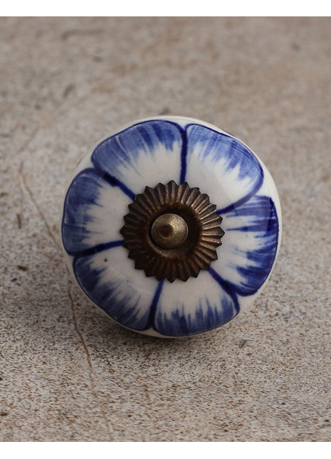 Designer White Ceramic Drawer Cabinet Knob With Blue flower