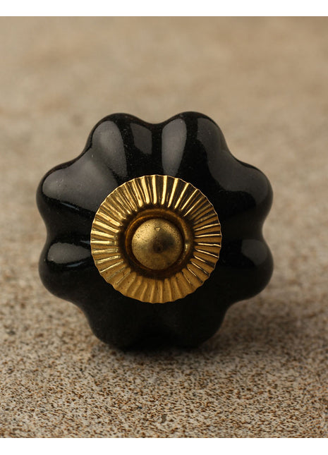 Solid Black Handmade Flower Shape Ceramic Cabinet Knob