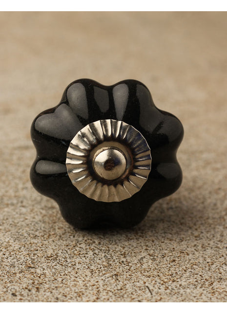 Solid Black Handmade Flower Shape Ceramic Cabinet Knob