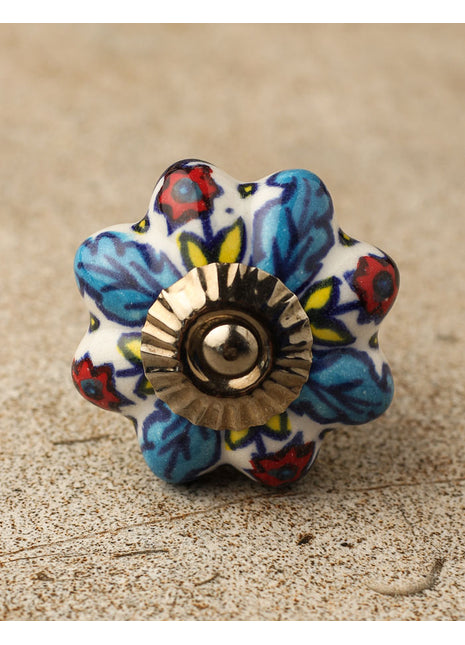 White Base Ceramic Knob With Multicolor Flower And Leaf