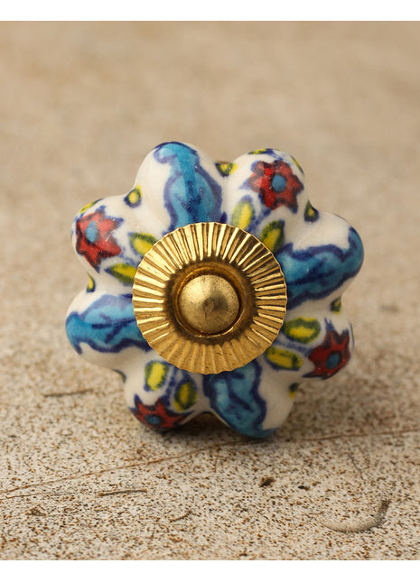 White Base Ceramic Knob With Multicolor Flower And Leaf