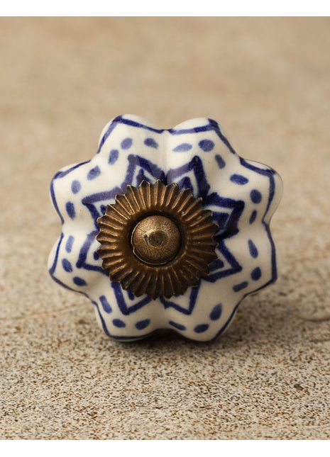 Floral White Royal Ceramic Door Knob With Blue Print