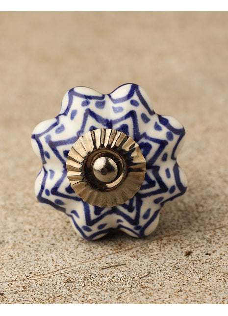 Floral White Royal Ceramic Door Knob With Blue Print