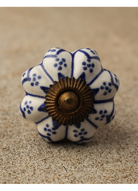 Flower Shaped White And Blue Designer Ceramic Cabinet Knob