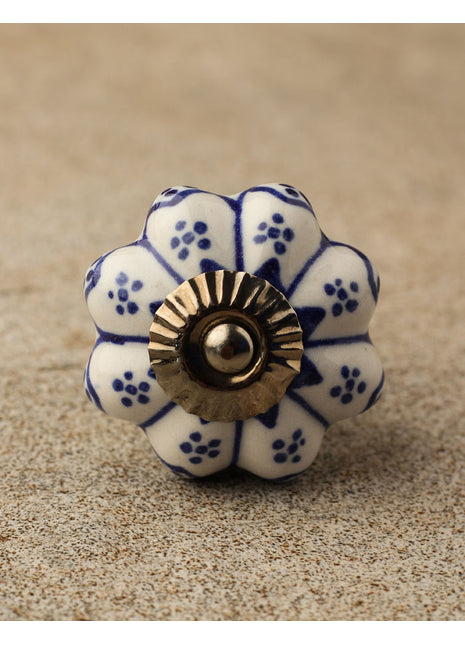 Flower Shaped White And Blue Designer Ceramic Cabinet Knob