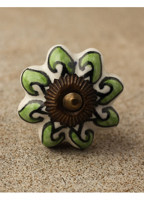 Floral White Ceramic Door Knob With Green Leaves