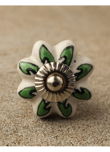 Floral White Ceramic Door Knob With Green Leaves