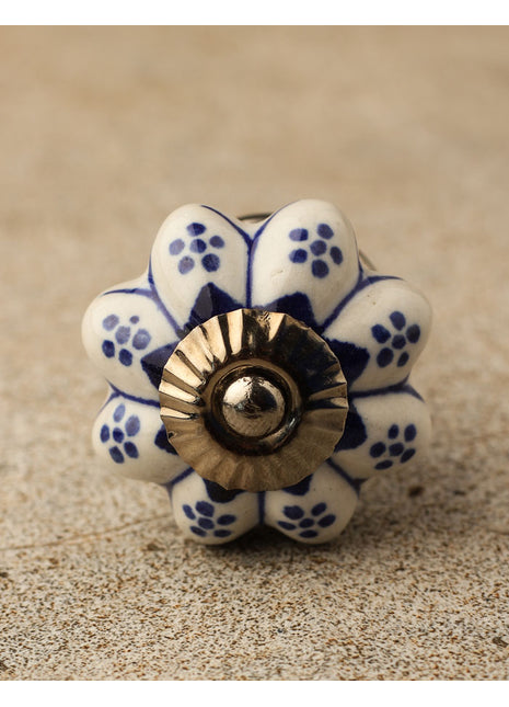 Flower Shaped White And Blue Designer Ceramic Cabinet Knob