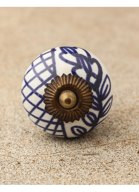 White Ceramic Drawer Cabinet Knob With Blue Floral Design