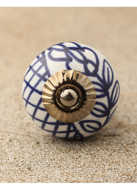 White Ceramic Drawer Cabinet Knob With Blue Floral Design