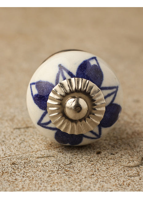 Elegant White Ceramic Drawer Cabinet Knob with Blue flower