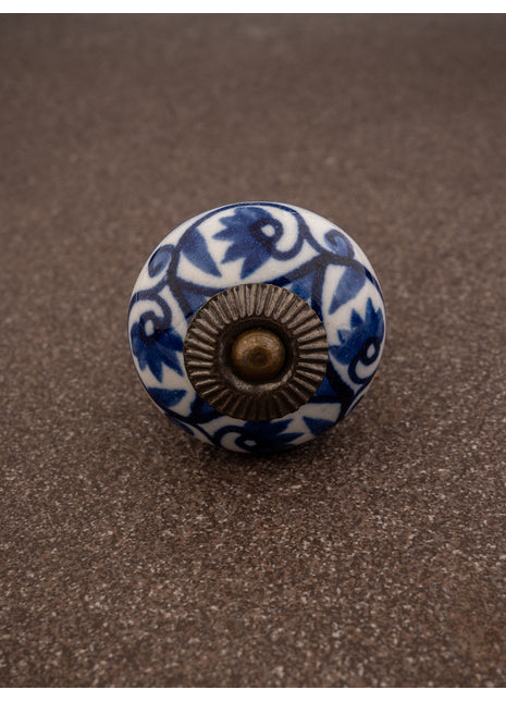 White Floral Ceramic Knob With Handpainted Blue Flowers