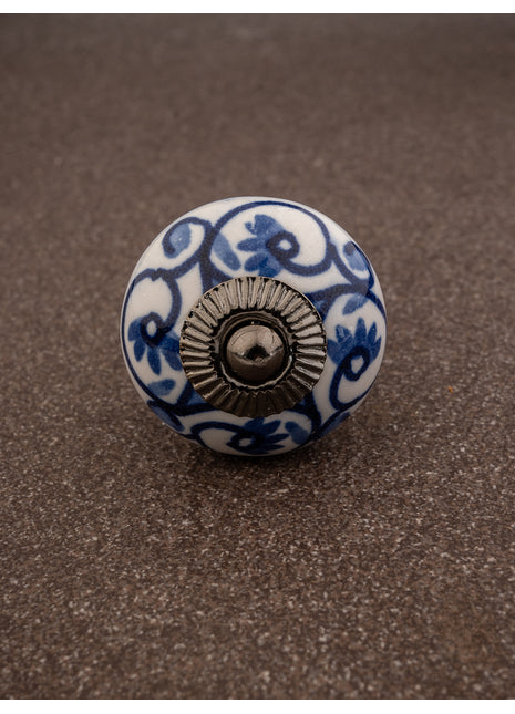 White Floral Ceramic Knob With Handpainted Blue Flowers