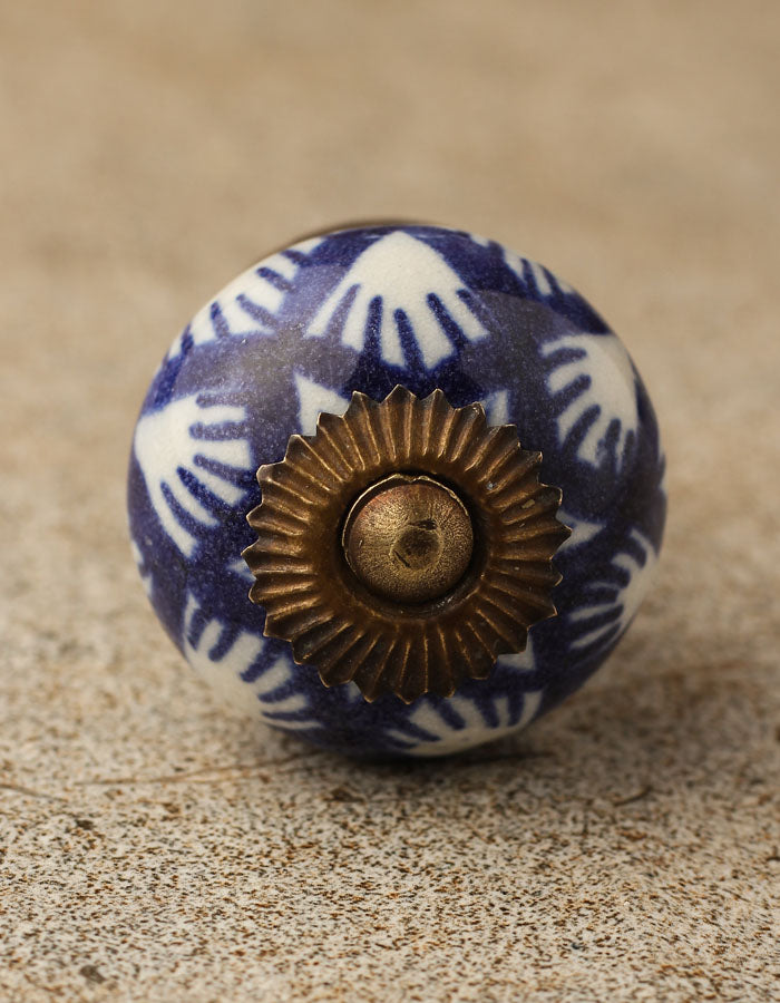 White Royal Ceramic Door Knob With Blue Print Brass Antique