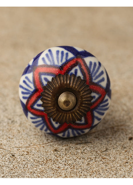 Elegant White Ceramic Cabinet Knob With Red And Blue Print