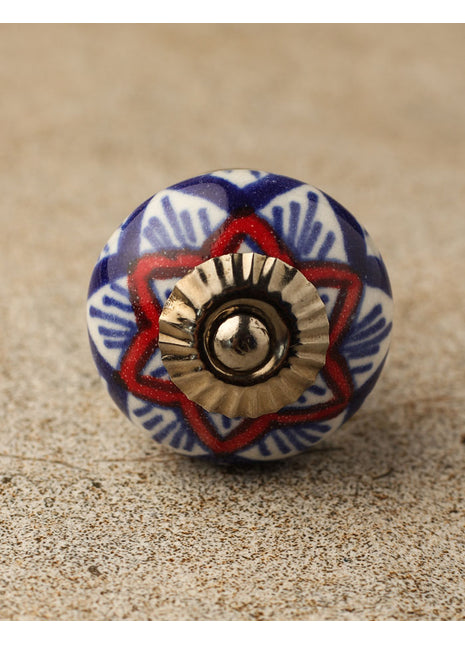 Elegant White Ceramic Cabinet Knob With Red And Blue Print