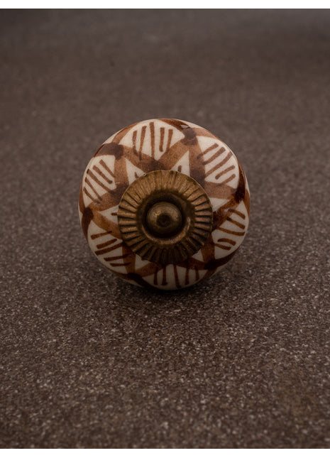 White Ceramic Knob with Brown Flower