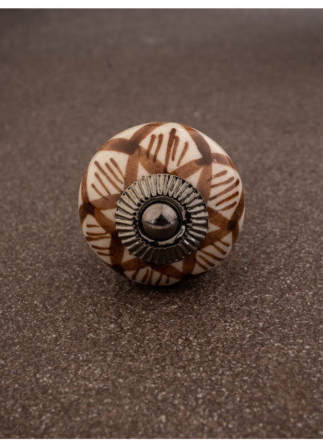 White Ceramic Knob with Brown Flower