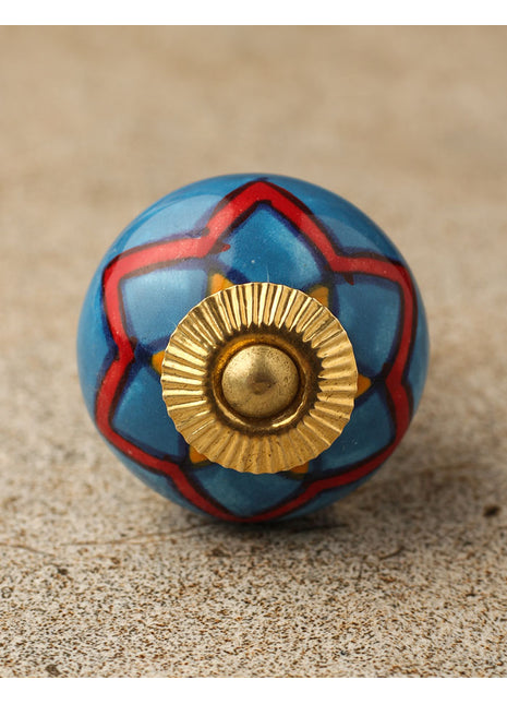 Stylish Turquoise Ceramic Cabinet Knob With Red Print