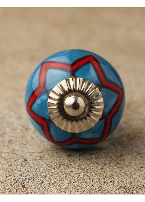 Stylish Turquoise Ceramic Cabinet Knob With Red Print